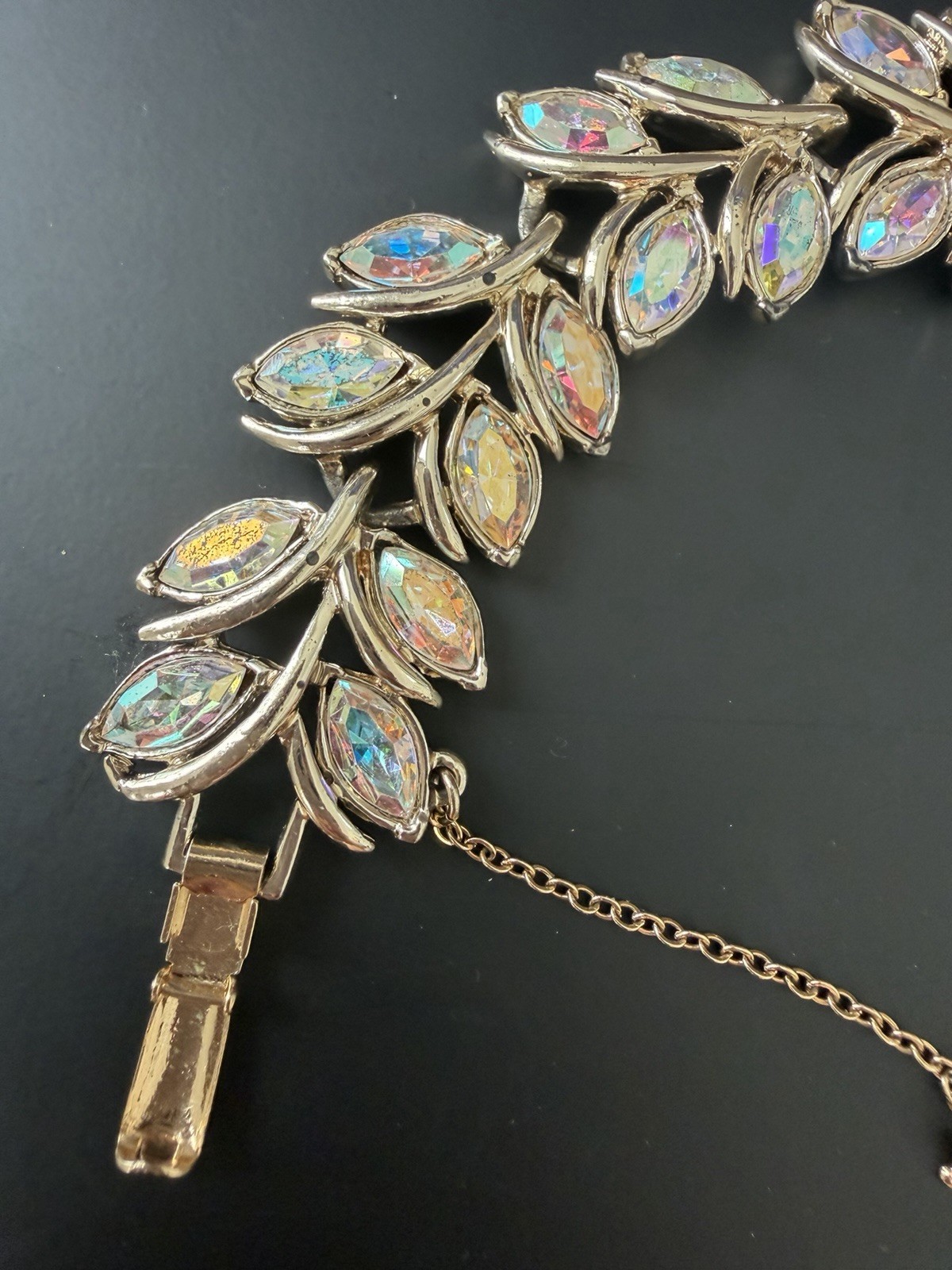 Vintage Coro Signed Clear AB Rhinestone Leaf Shape Bracelet 7.25″
