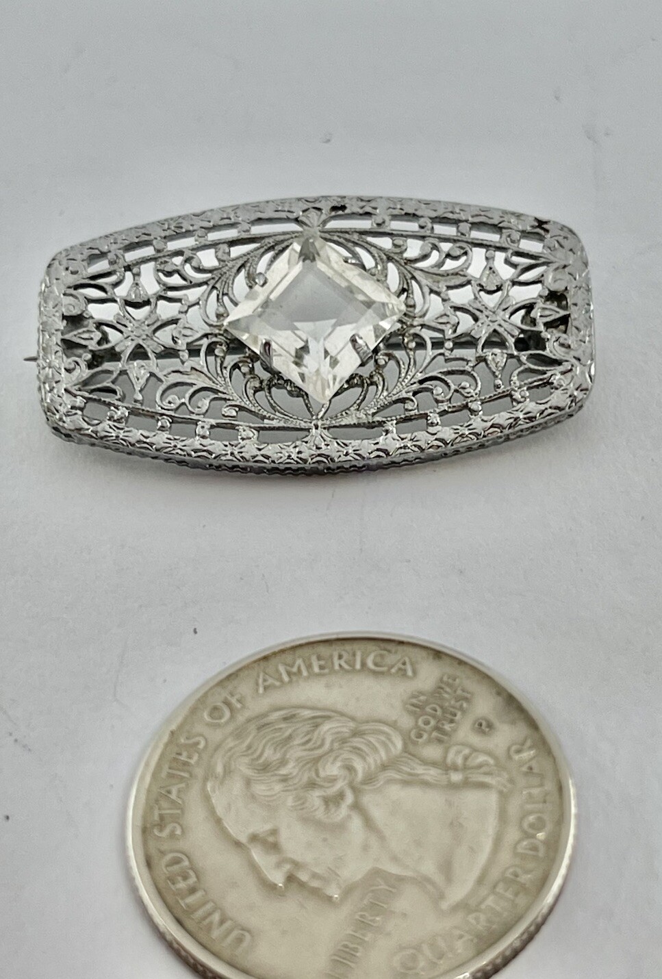 Art Deco Rectangle Clear Trillion Czech Art Glass Silvertone Filigree Brooch