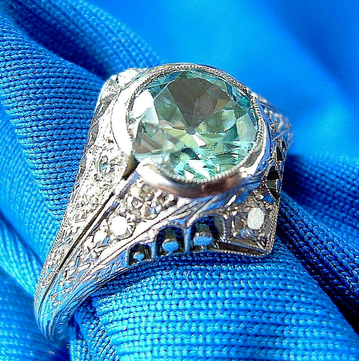 NATURAL EARTH MINED Blue Zircon DIAMOND PLATINUM ORIGINAL DECO Engagement Ring 8