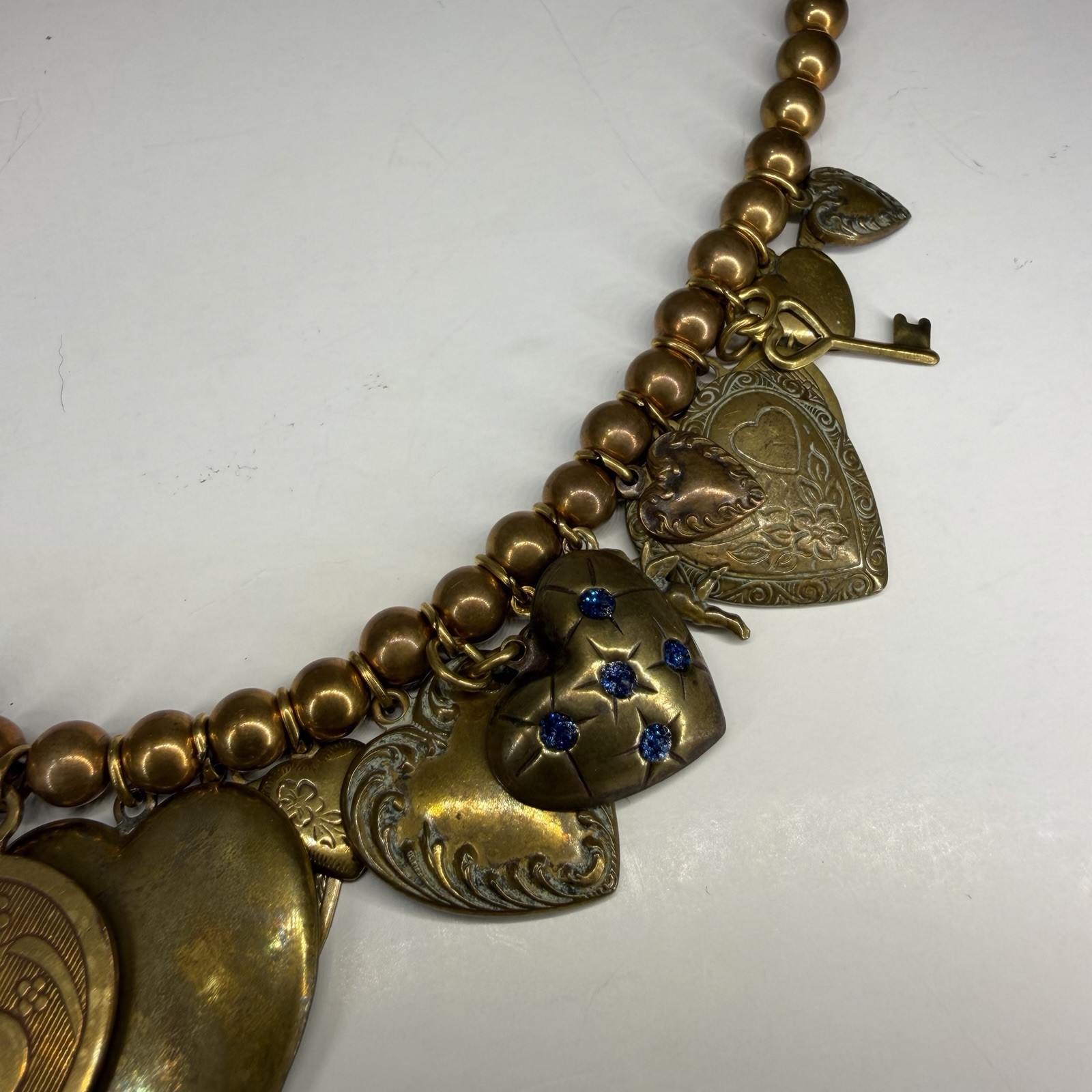 Vintage Pididdly Links Brass Bead Dangling Heart Cherub Key Charm Necklace 20in