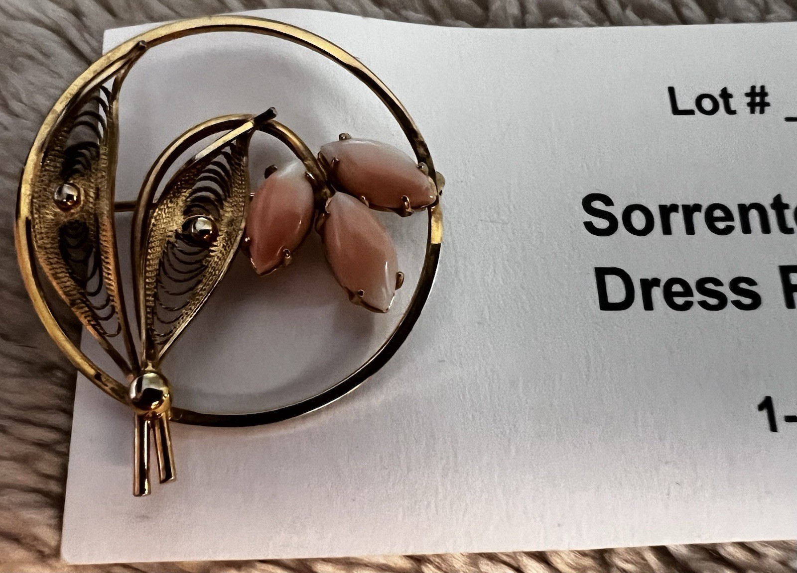 Vintage Sorrento 1/20th 12k Yellow Gold Fill GF Filigree Coral Pin Brooch 4.8g