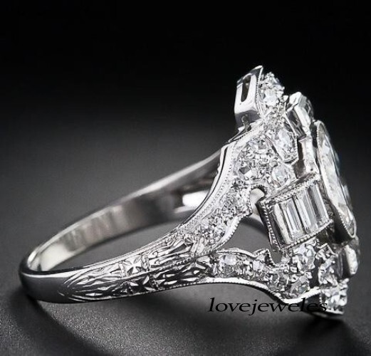 Art Deco Vintage 3.20CT Round Cut Lab-Created Diamond Ring 14K White Gold Finish