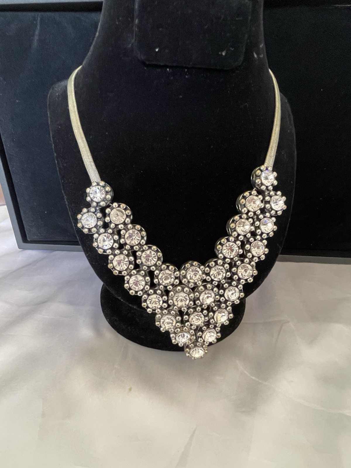 Vintage ALDO Drop “V” Rhinestone Necklace Silver Tone Snake Chain STATEMENT BIB