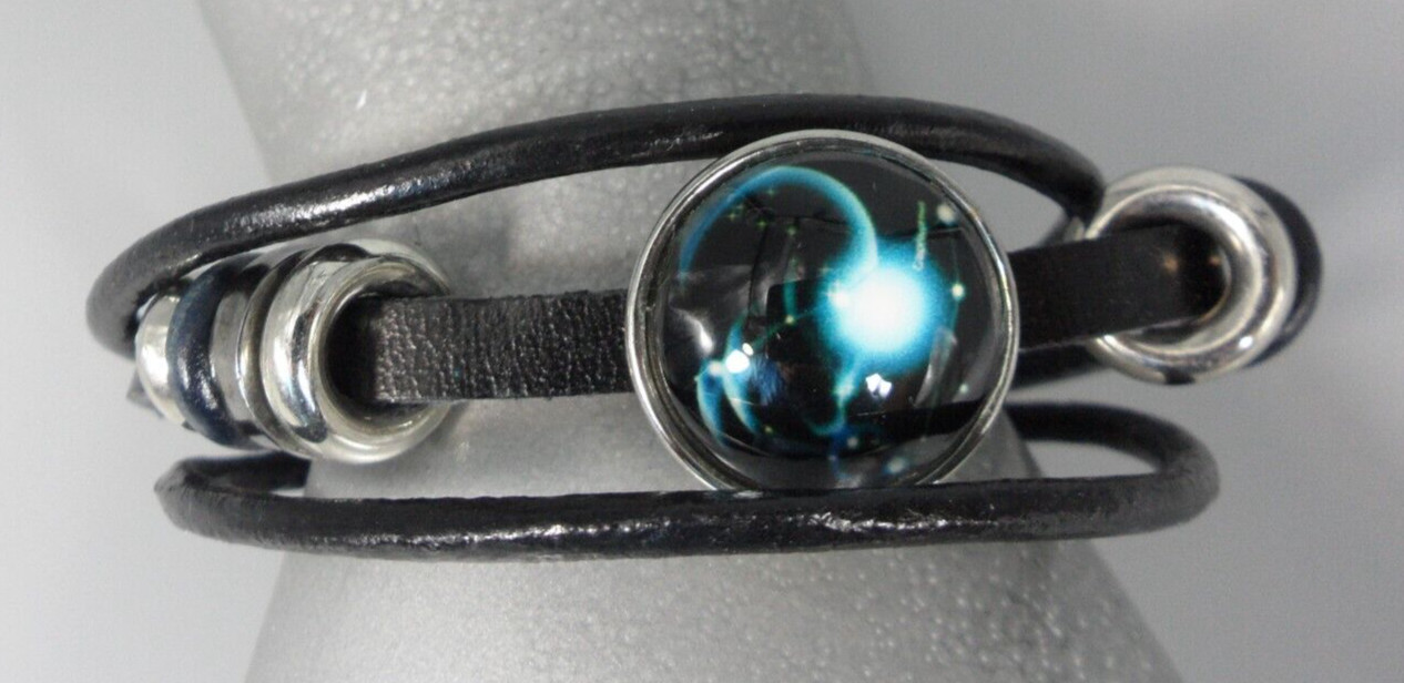 Galaxy Solar System Wrap Bracelet Leather Hematite Wood Stainless Steel Vtg 8″