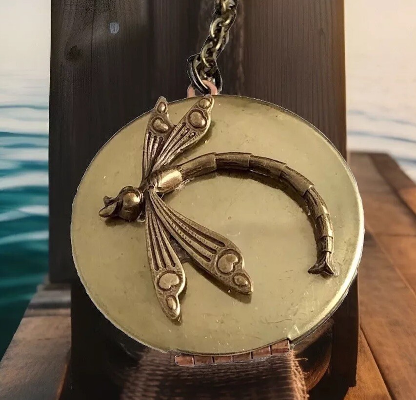 Vintage Locket Necklace, Dragonfly, Antique Brass, Victorian Photo Pendant