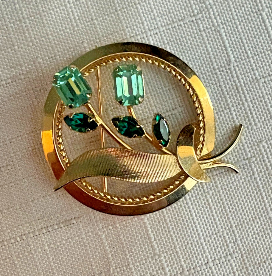 Beautiful 1/20th 12K Gold Fill A&Z Hayward Floral Brooch Pin Green Rhinestones