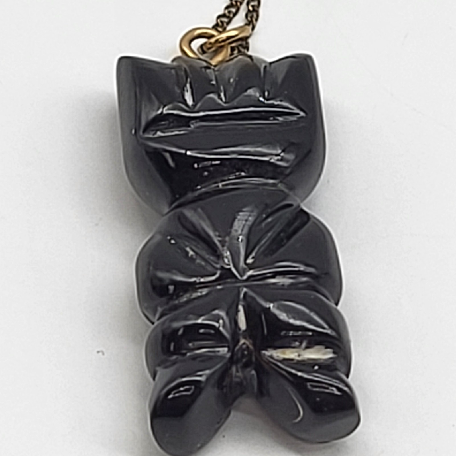VTG Black Coral Moai Easter Island Tiki Pendant Hand Carved gold filled chain