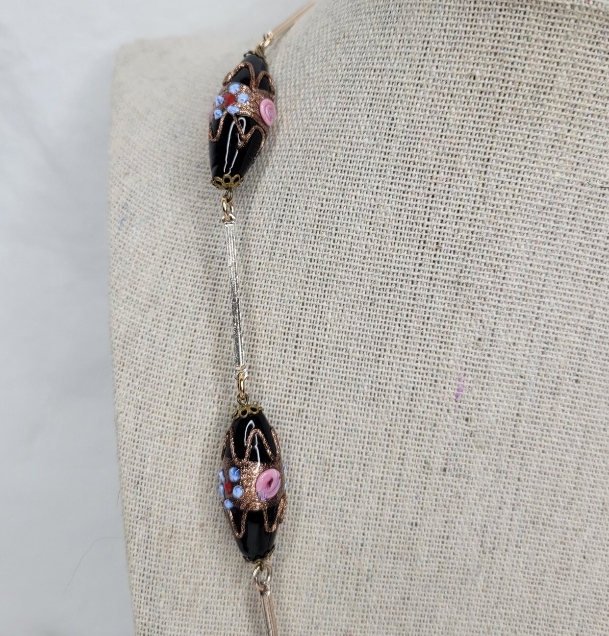 Vintage Venetian Glass Beaded Necklace Black Pink Blue Lampwork Beads Gold Tone