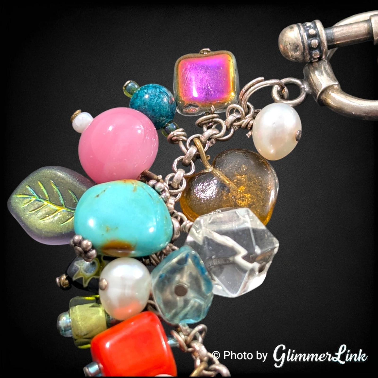 Vintage Artisan Cluster Bead Charm Bracelet Lampwork Glass Pearl Toggle