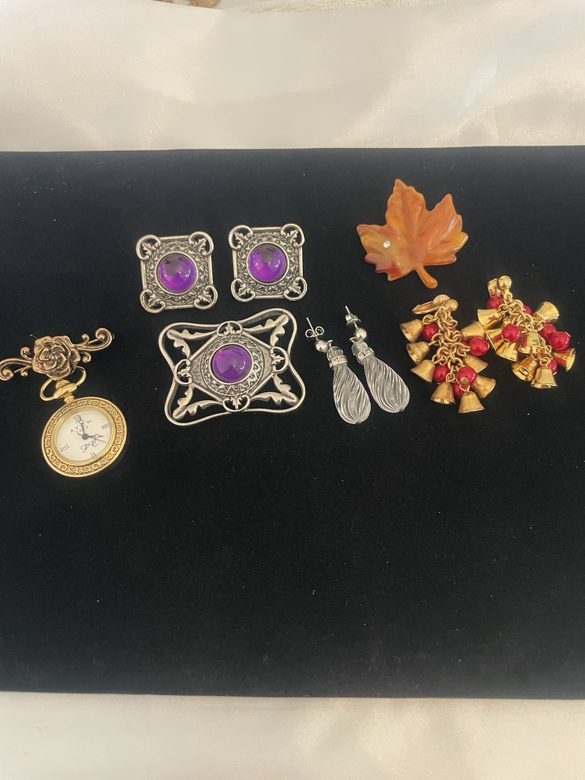 VTG Jewelry Lot AVON Maple Leaf Brooch Bell Earrings 2000 Watch Bar Brooch +MORE