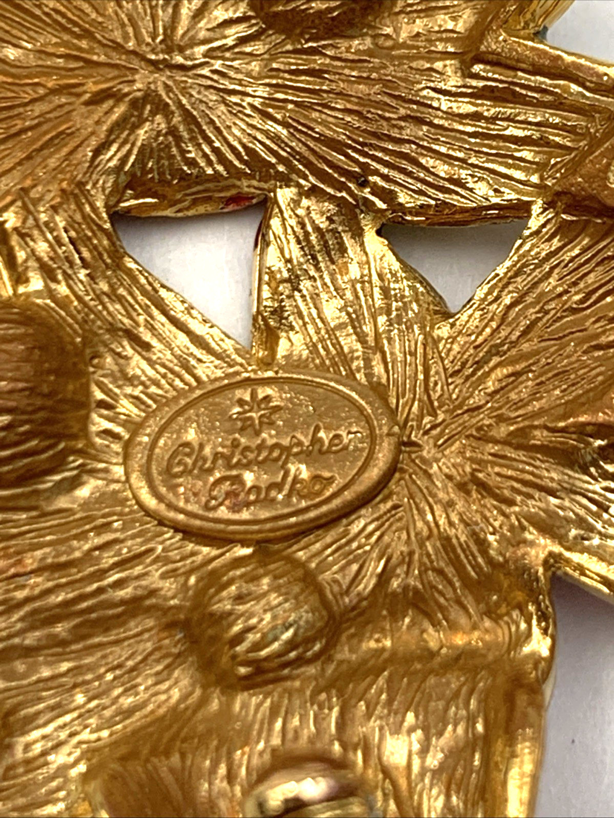 VTG Signed Christopher Radko Poinsettia Enamel Brooch Pendant 2-1/8 x 1-5-8”