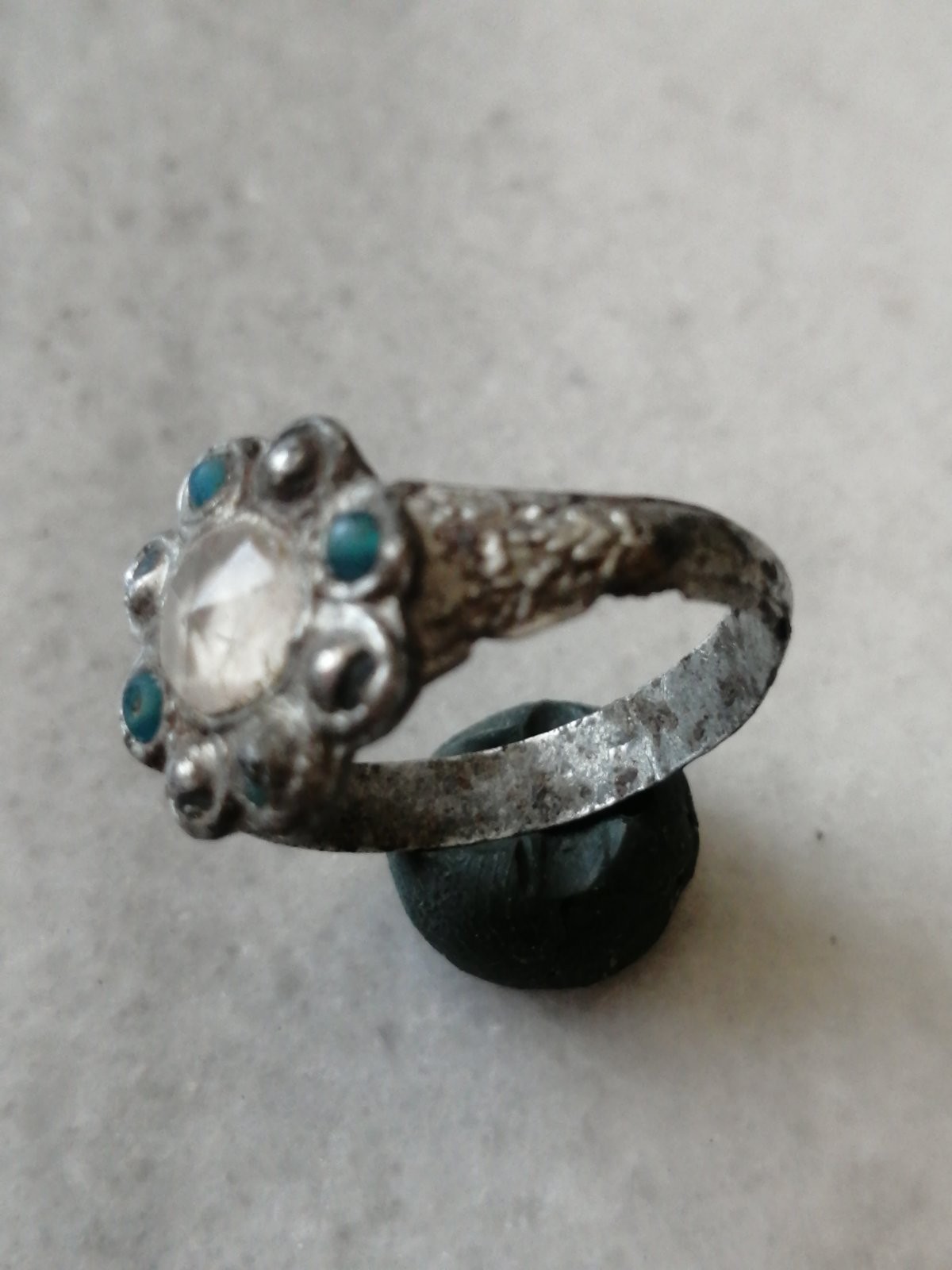 Rare Pre Georgian Alloy Silver, Zinc Ring, With Crystal Stones, US-10,5