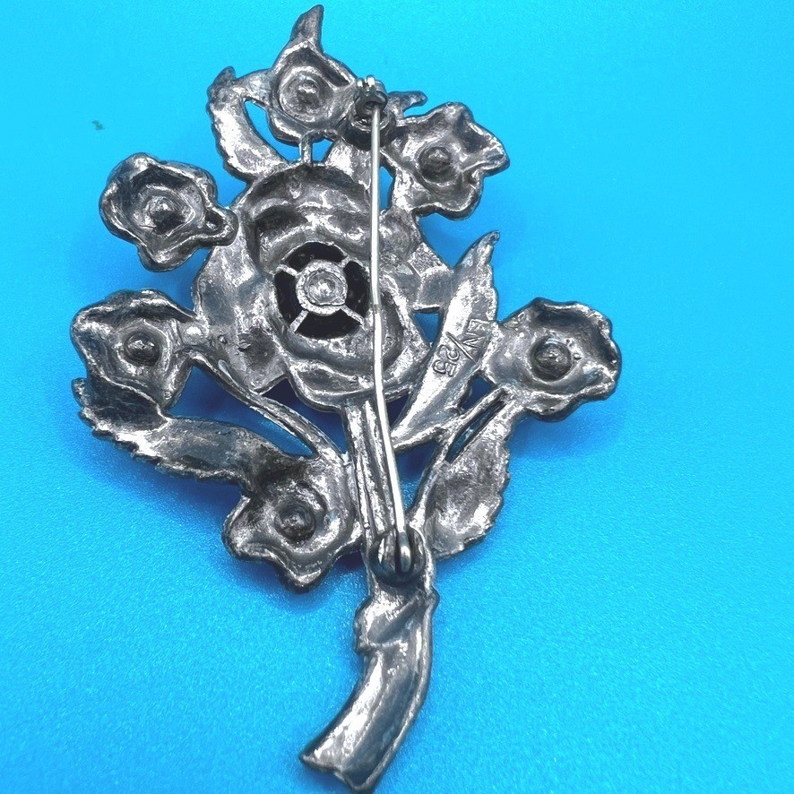 Vintage Little Nemo Large Pot Metal Brooch Blue Rhinestones Floral 3.25″ LN/25