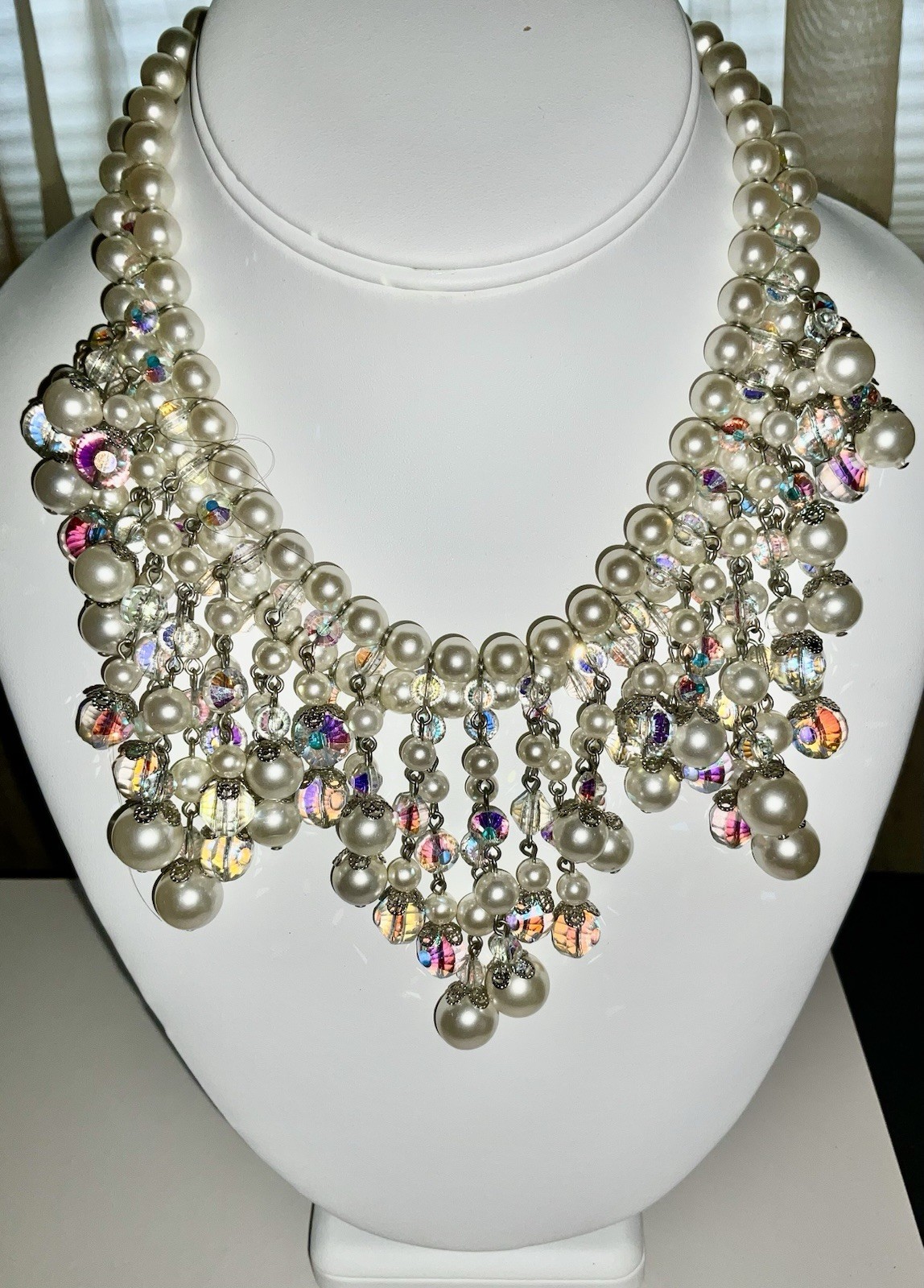Vintage Vendome Faceted AB Glass & Faux Pearl Fringe Statement Huge Necklace