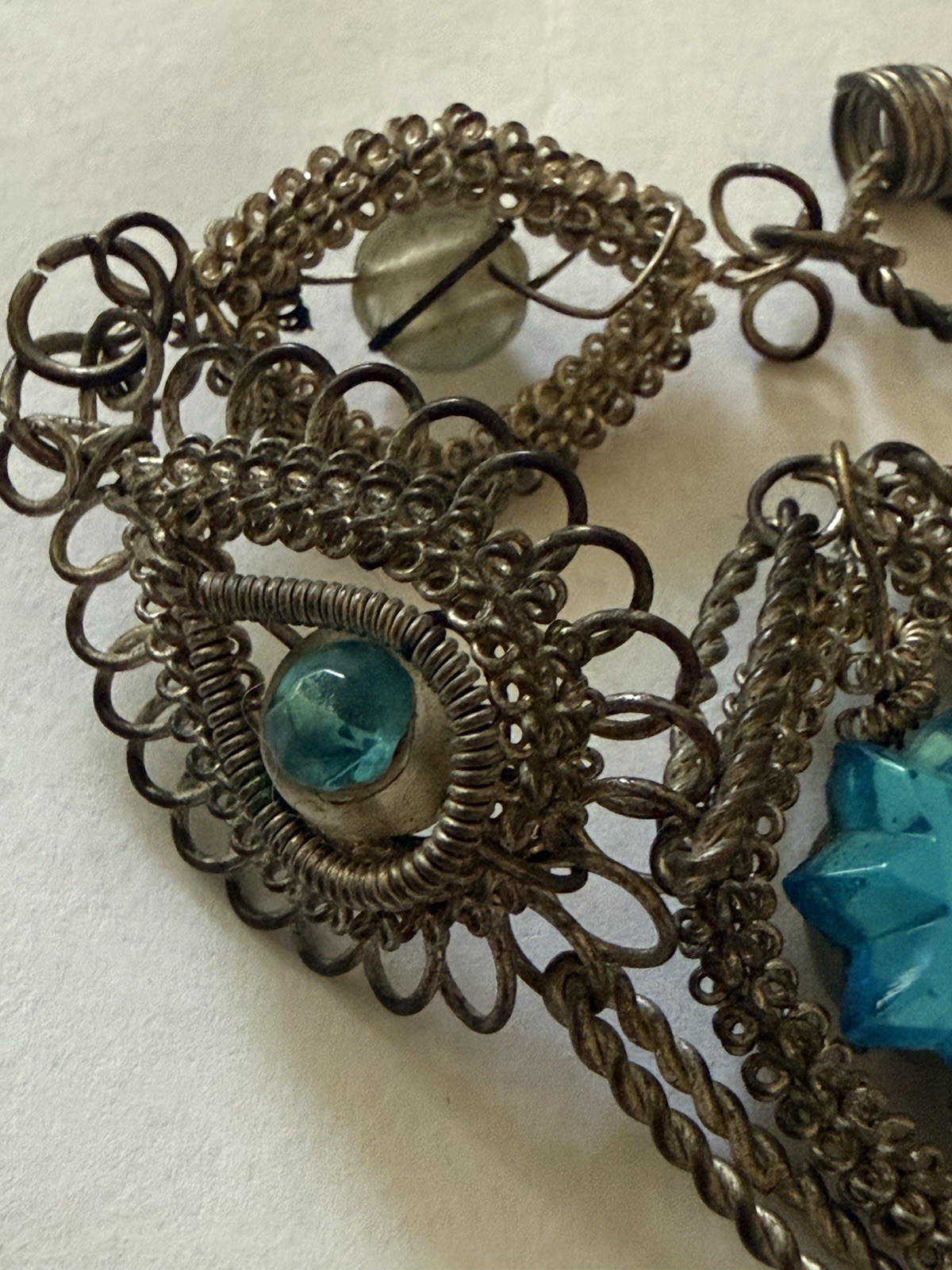 Vintage/Antique Victorian Style Silver Metal Bracelet Aqua Rhinestones No Clasp
