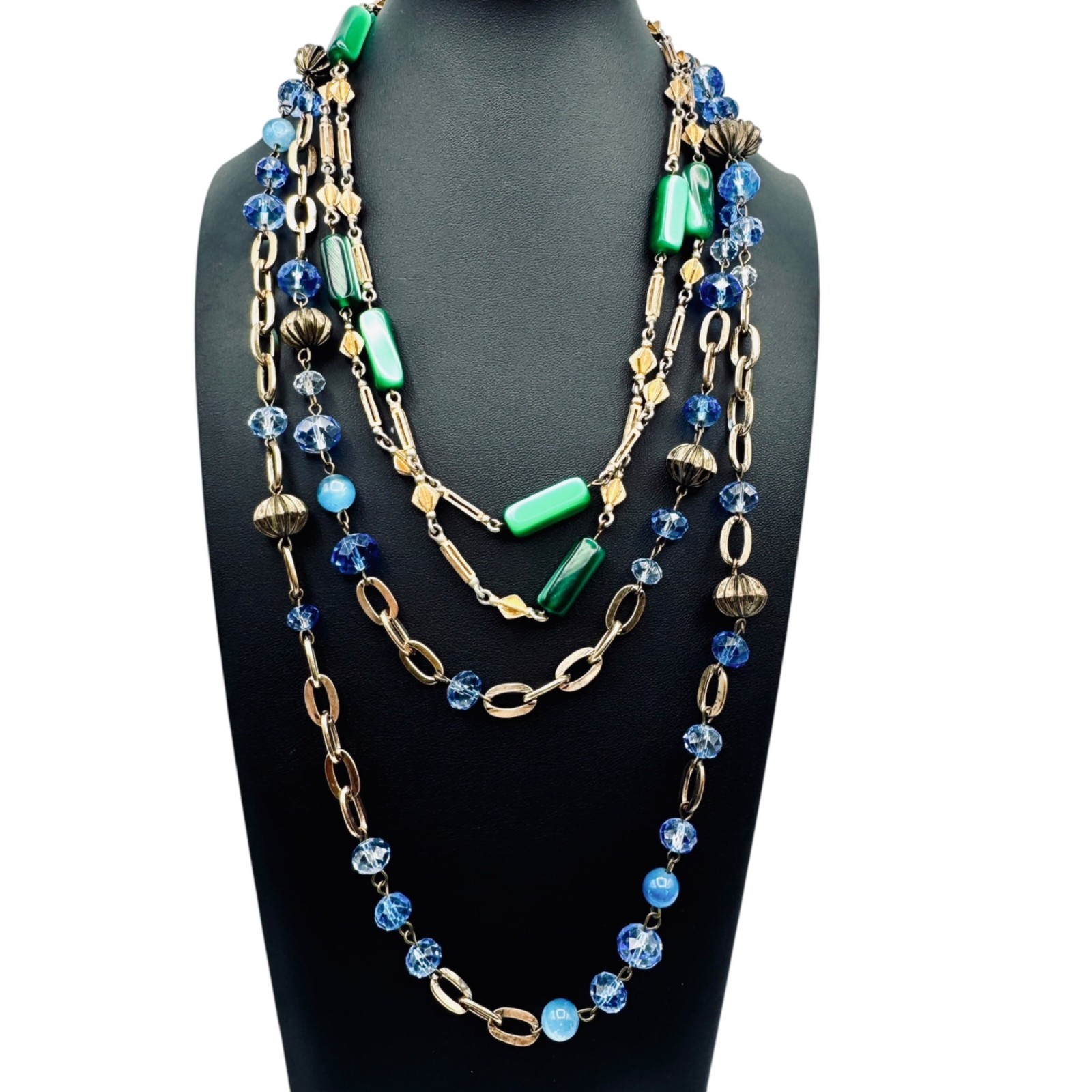 Vintage Station Bead Long Necklaces Green Blue Glass Beads Gold Tone 36″ 48″ 60s