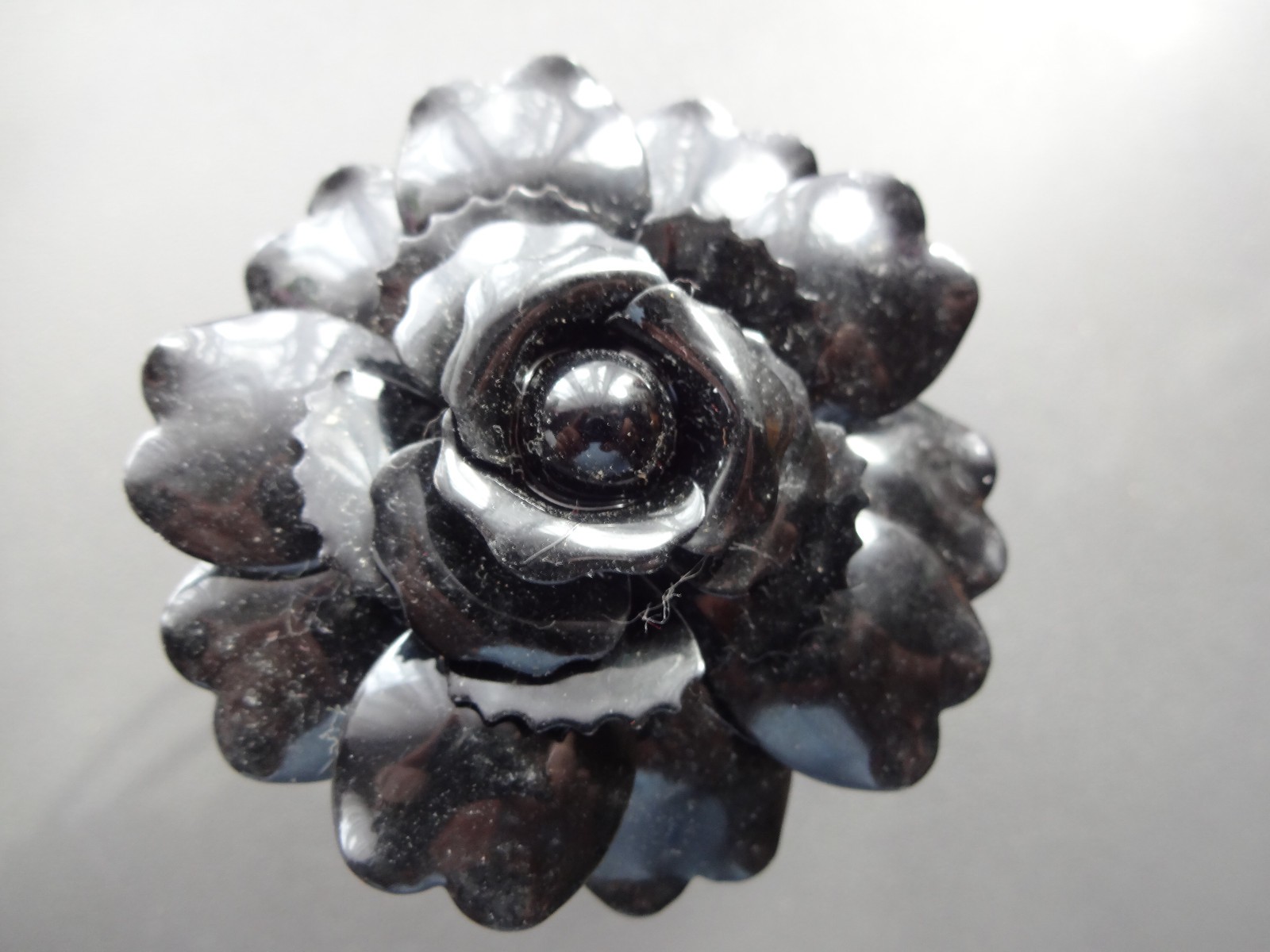 Vtg Chunky Black Enamel Metal Rose Flower Clamper Bracelet Rare Mourning