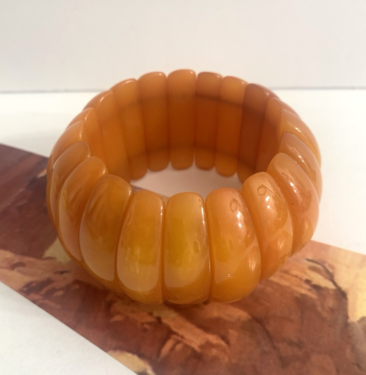 Vintage Marion Godart France Butterscotch Lucite Stretch Chunky Bangle Bracelet