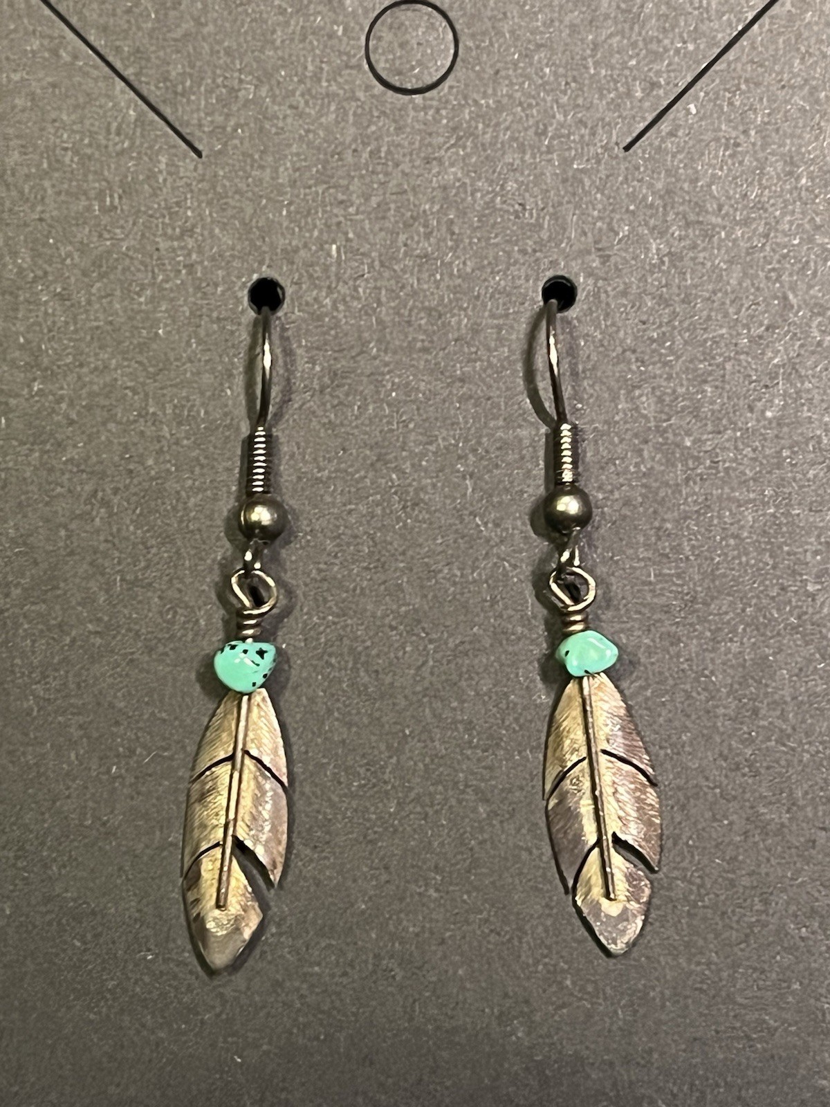 VINTAGE 925 STERLING SILVER HW TURQUOISE FEATHER DANGLE EARRINGS 1 5/8”