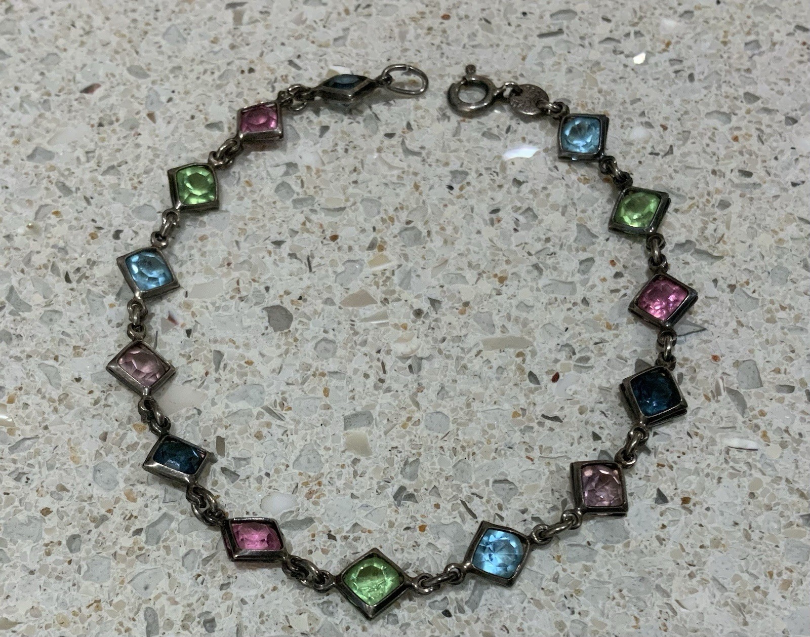 VTG ITALIAN STERLING SILVER BRACELET BEZEL SET MULTI COLOR GLASS STONES 7”