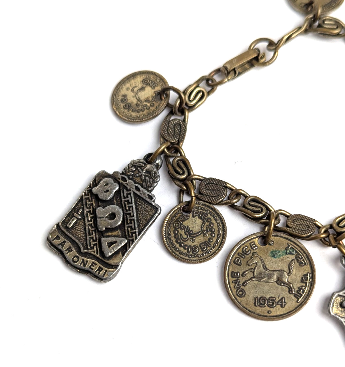 1950s Vintage Heraldic Chunky Charm Bracelet with Pakistan and India Coins 7″