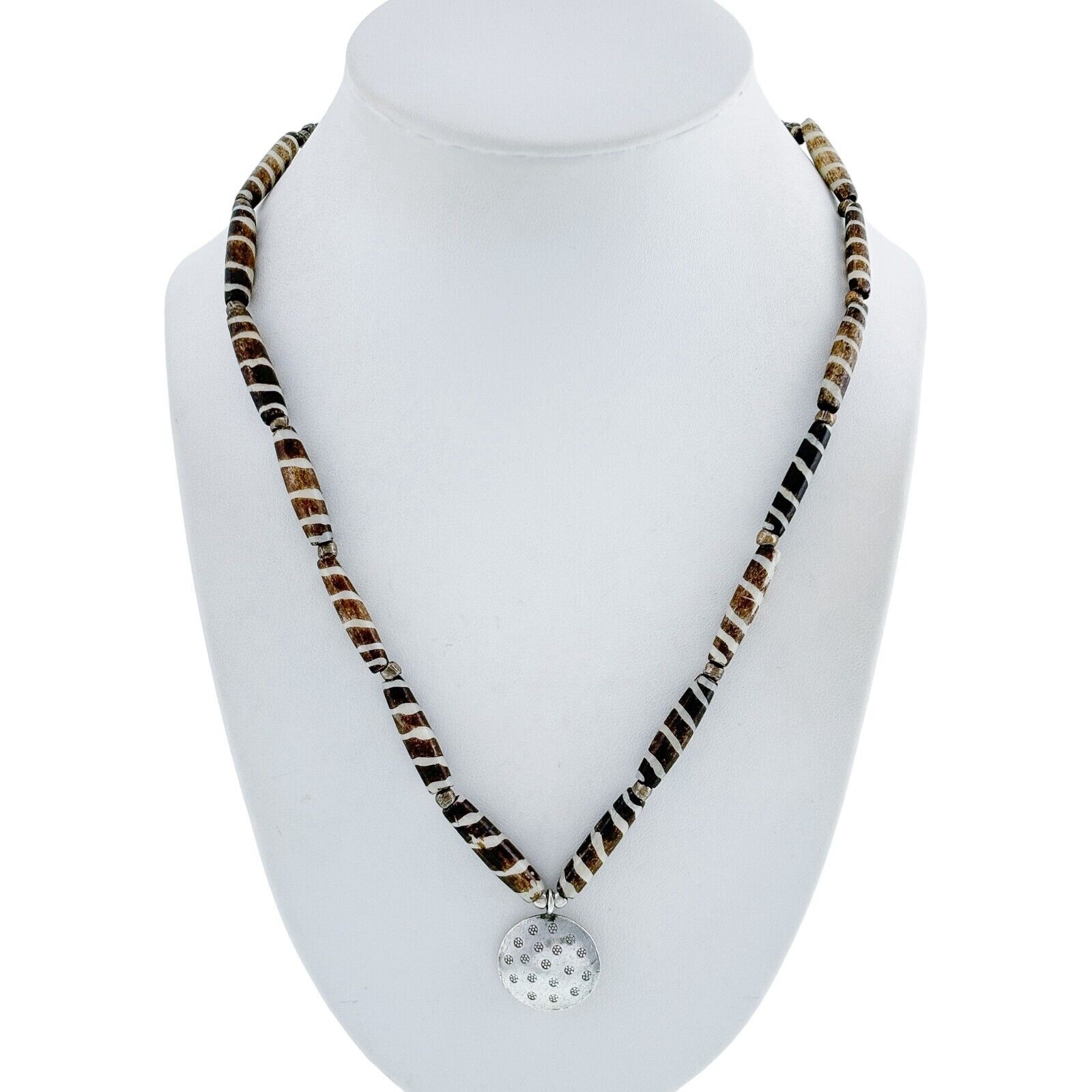Vintage Sterling Silver African Batik Bone Beaded Necklace with Pendant 19.5″