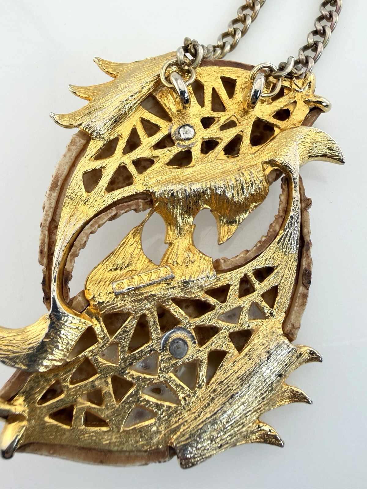 Vintage Razza Double Fish Necklace Carved Resin Faux Bone Gold Tone Large Pisces