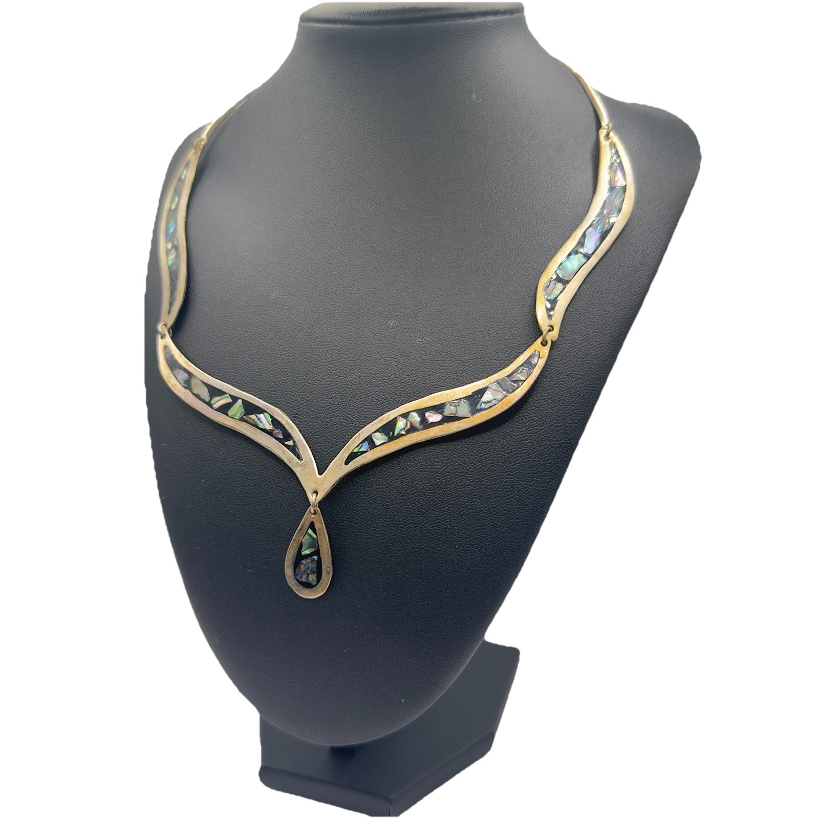 Vintage Mexican Alpaca Abalone Inlay Necklace 17″ Panel Link Drop Pendant