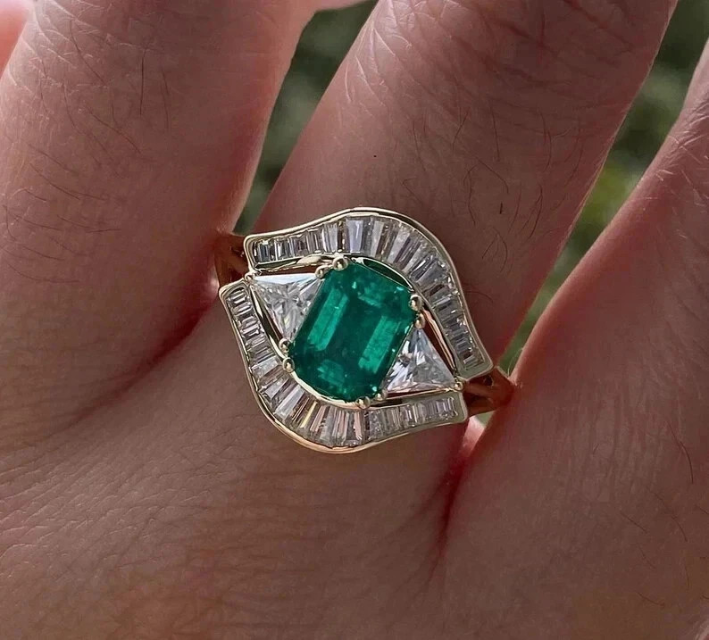 Art Deco Style Emerald Lab Created Diamond 14K Yellow Gold FN Engagement Ring