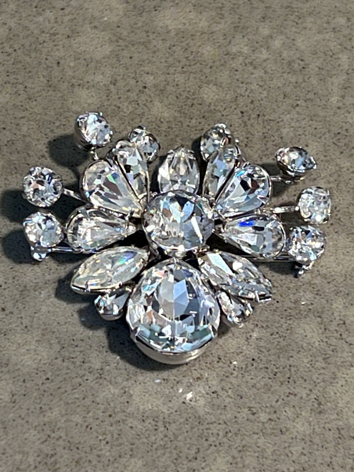 Vintage Eisenberg Clear Rhinestone Spray Brooch Signed Rhodium Crystal 1940 Used