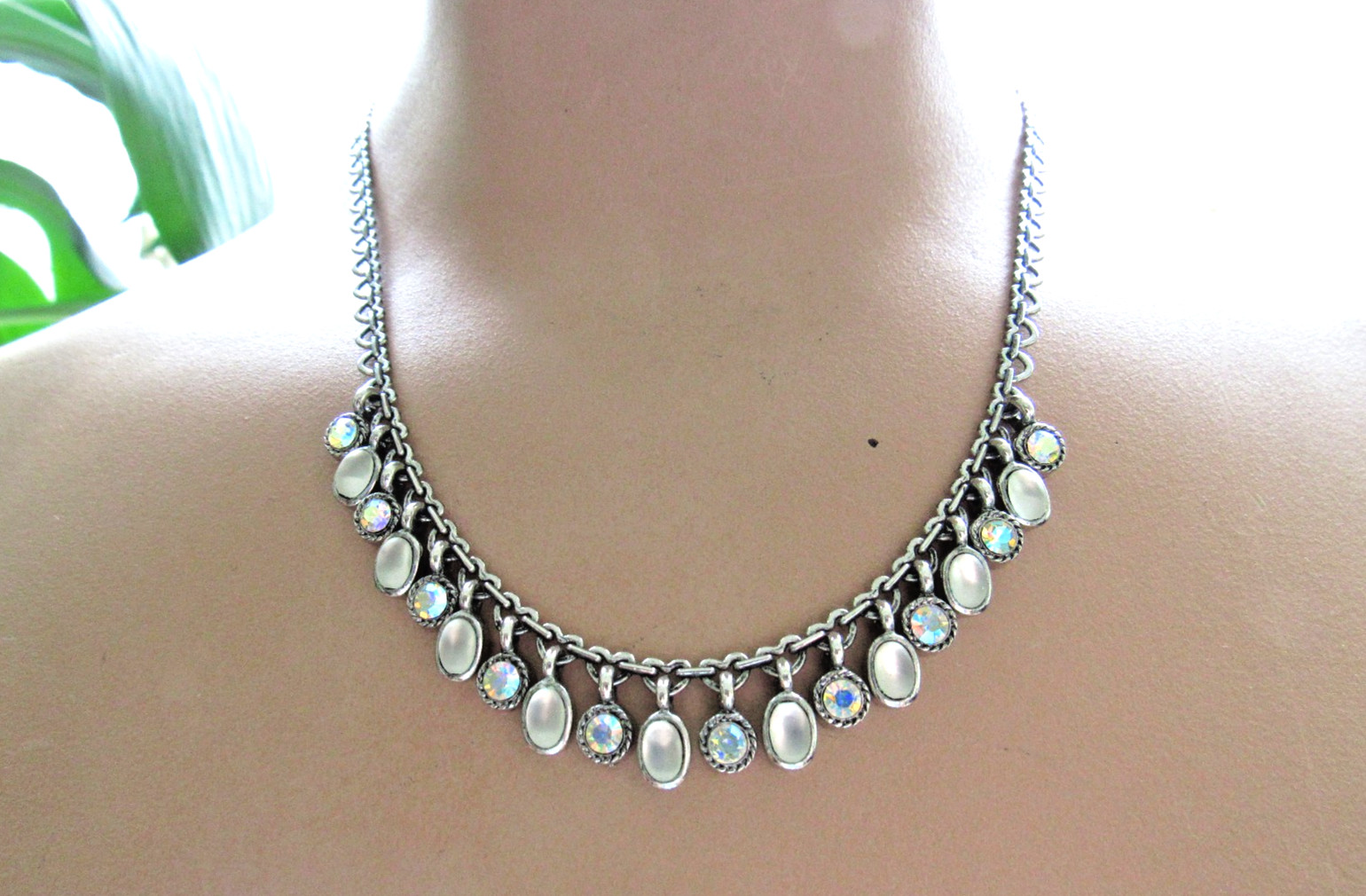 Vintage Necklace Unusual Heart Link Chain AB Rhinestones Glass Moonstone Dangles