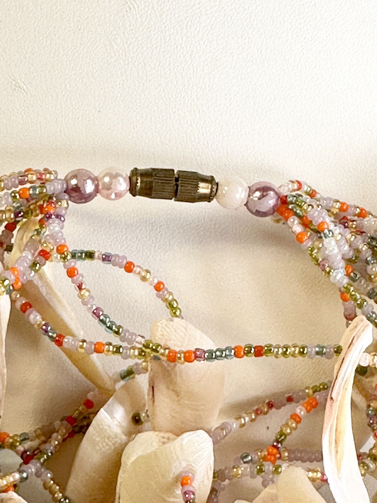 Hippie Boho Beach Babe Folk Art Shell and Abstract Bead Necklace