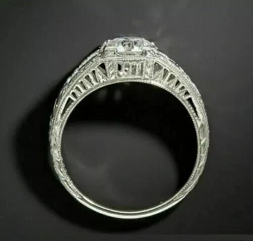 Art Deco Style Milgrain Lab Created Diamond Engagement 14K White Gold FN Ring