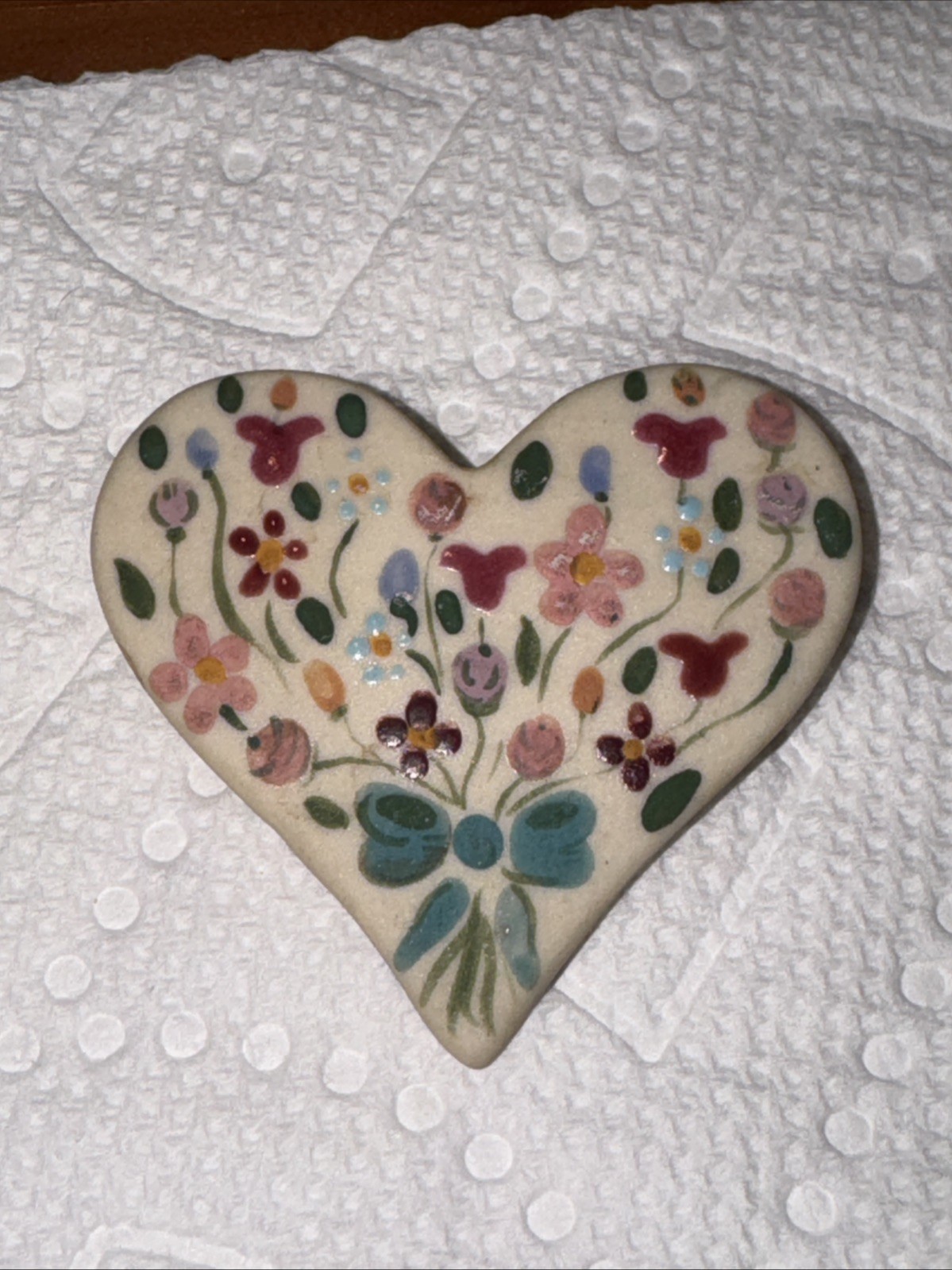 Beautiful Hand Painted Colorful Floral Heart Shaped Brooch Signed THW