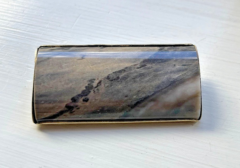 RUSSIAN GILT SILVER BROOCH – Large Lepidolite – Semiprecious STONE – 14 gr
