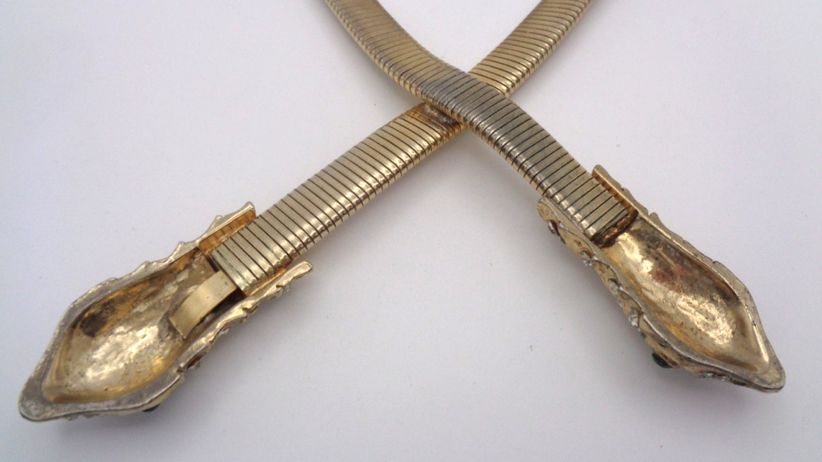 Fabulous Vintage Gold Tone Omega Double Rhinestone Snake Head Necklace