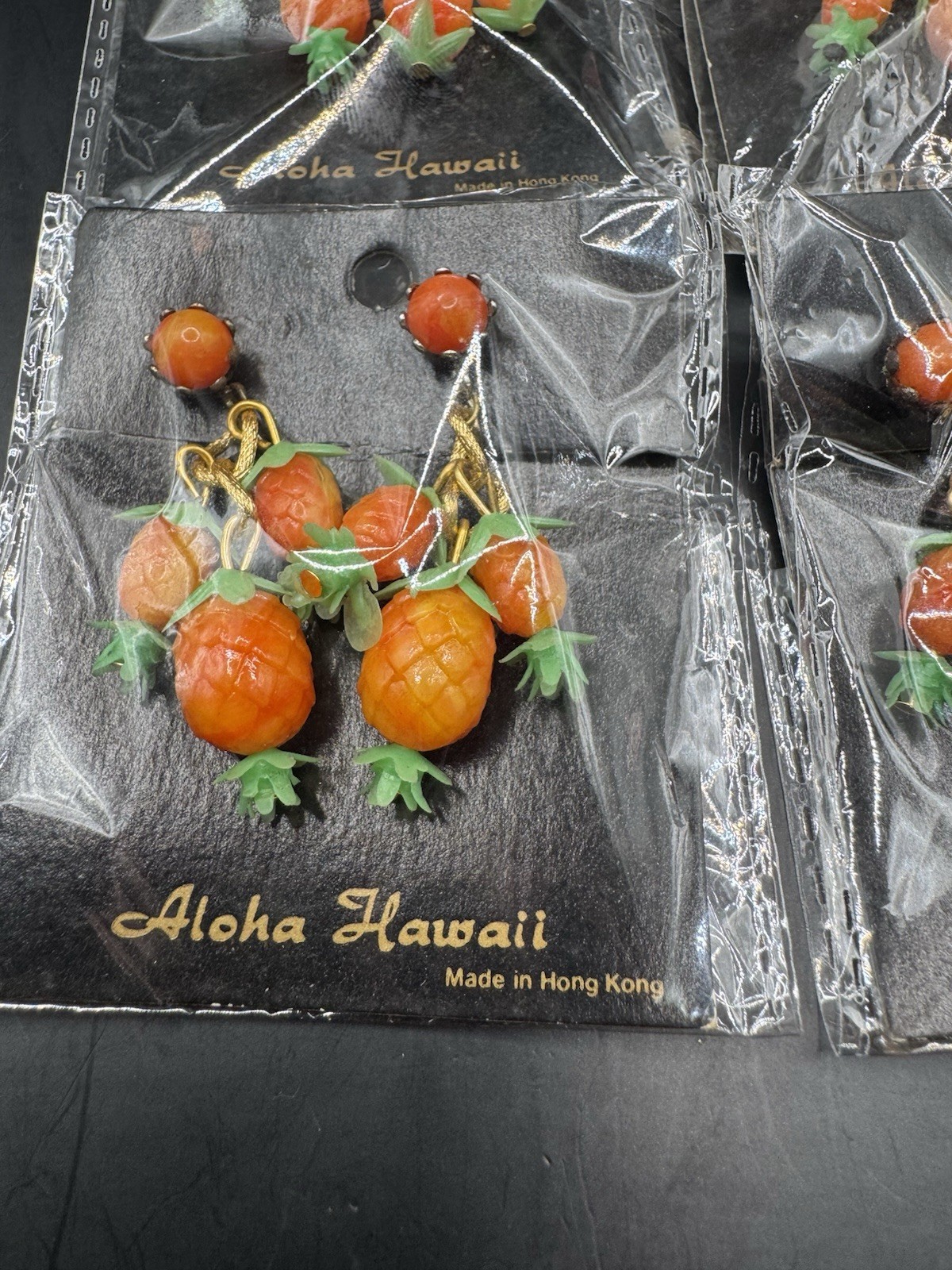 Vintage Aloha Hawaii Pineapple Dangle Earrings- IN ORIGINAL PACKAGING – Set of 4