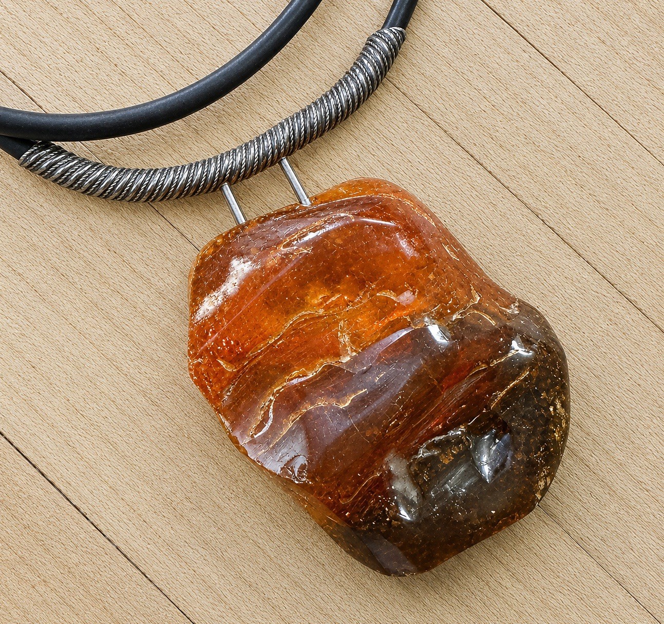 Large Baltic Amber Teardrop Pendant Necklace Black Leather Cord
