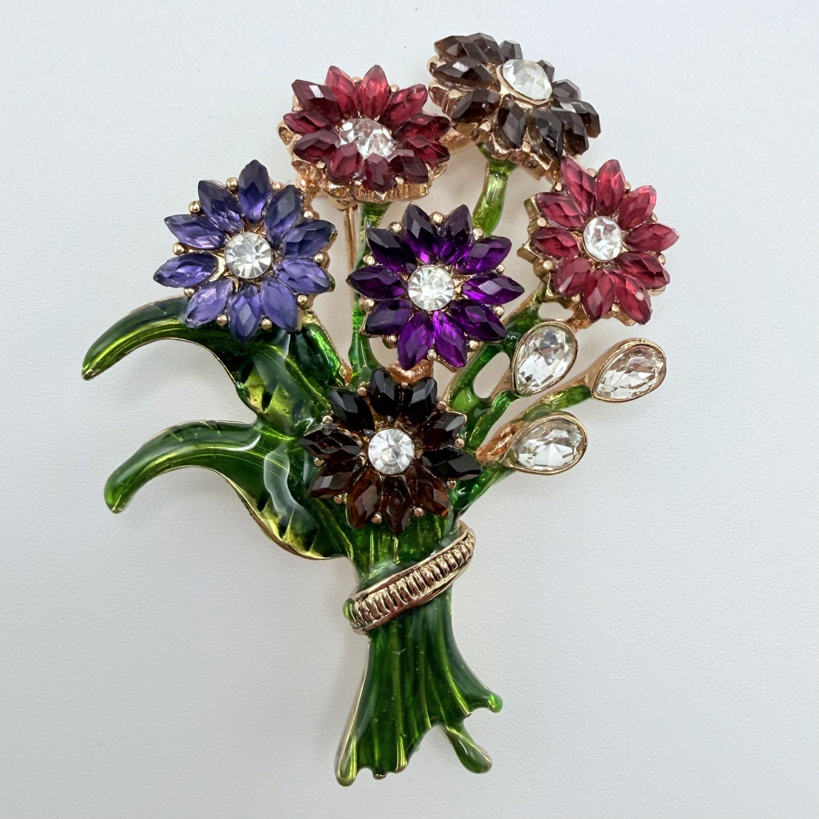 Napier Gold-Tone Enameled Colorful Bouqet Flowers Rhinestone Brooch Pin