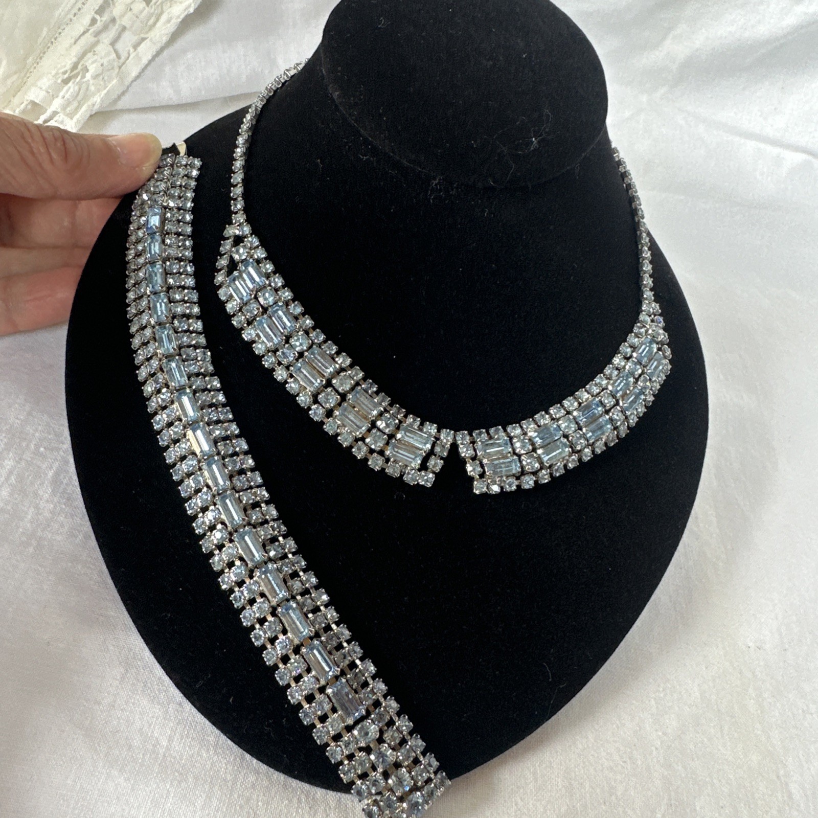 Vintage 1950 Blue Rhinestone Baguette Necklace And Bracelet