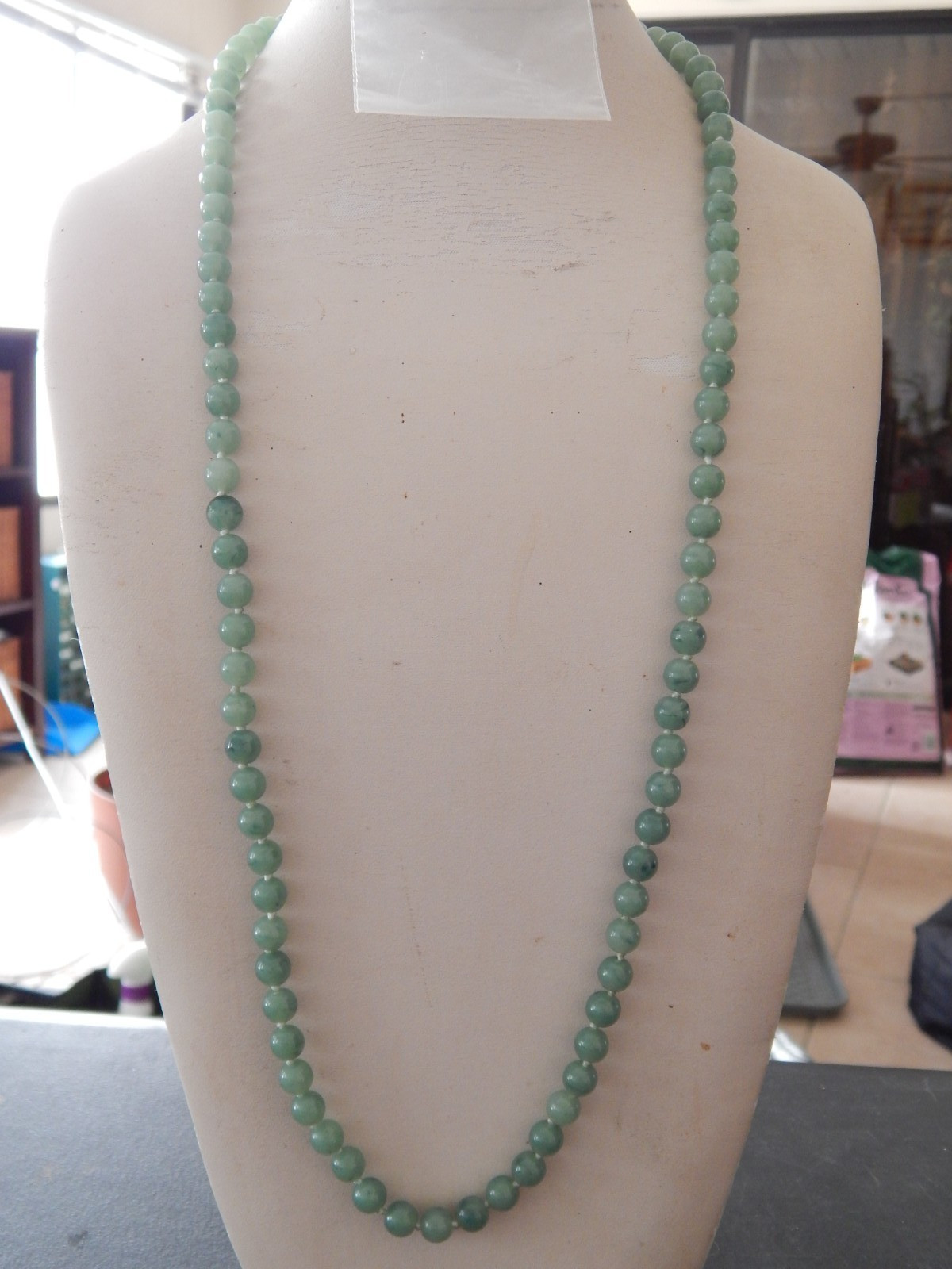Vintage 30” TRIFARI Faux Jade Green Hand Knotted Acrylic Bead Necklace