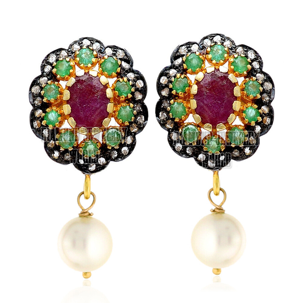 1.01ctw Rose Cut Diamond Gemstone Studded Silver Vintage Amazing Earring Jewelry