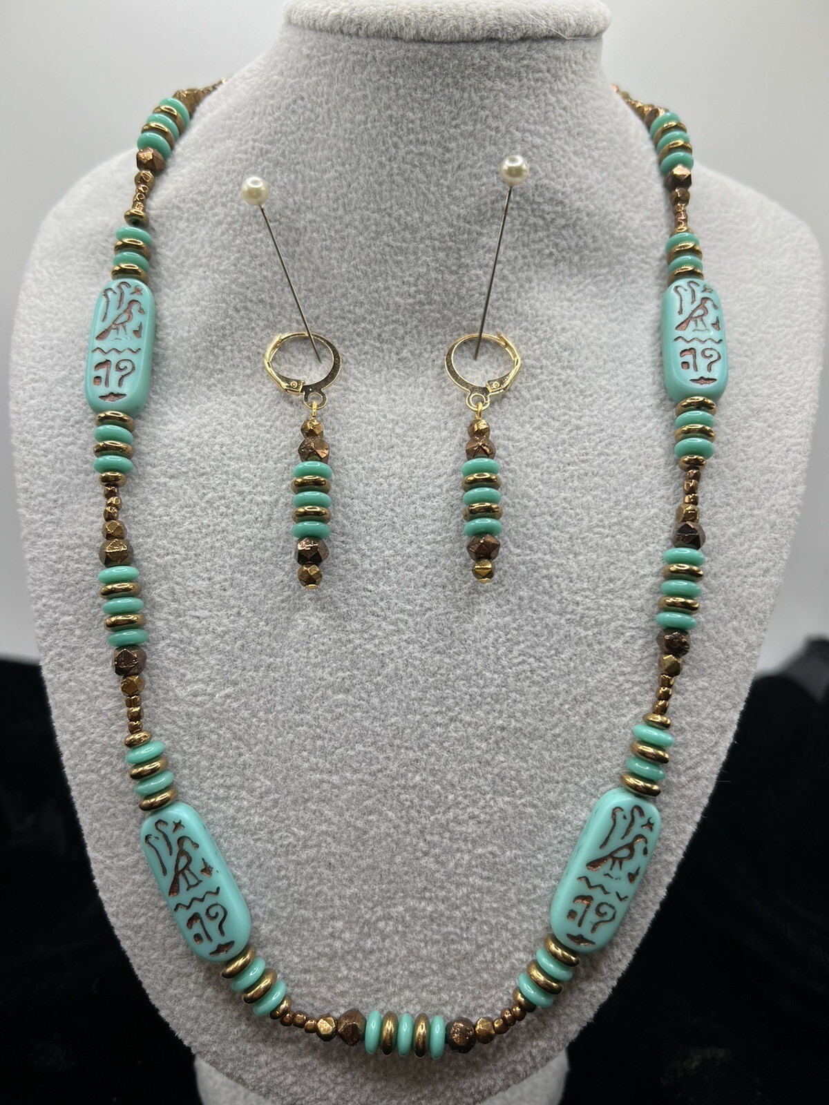 Egyptian Revival Necklace/Earring SET, Cartouche Hieroglyphics w/Bronze Etching