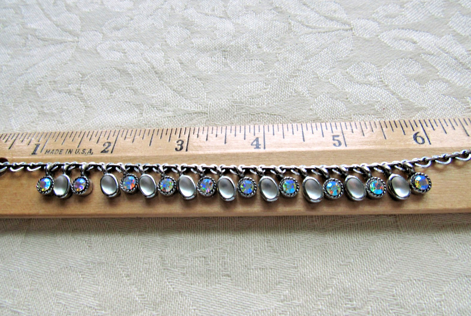 Vintage Necklace Unusual Heart Link Chain AB Rhinestones Glass Moonstone Dangles