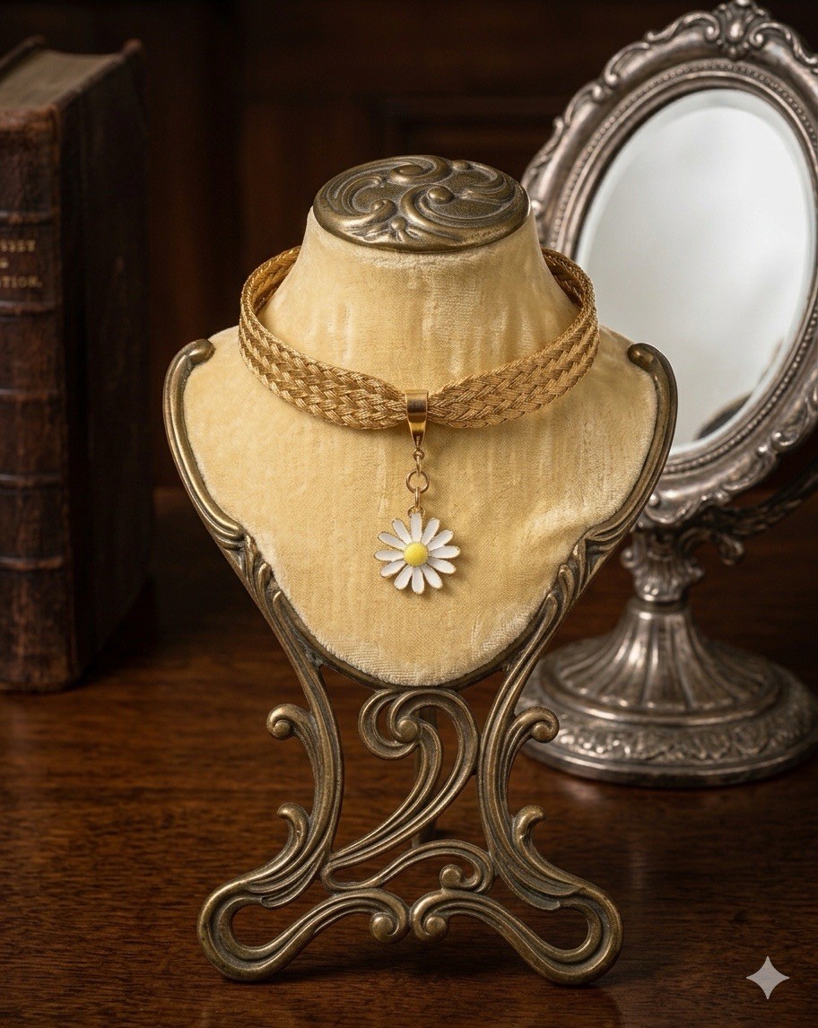 Vintage Gold Tone Braided Mesh Choker Daisy Pendant 15.5” Necklace E9
