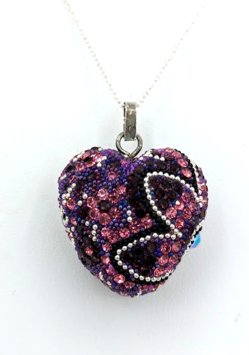 Vintage Heart Pendant Sterling Silver Necklace Pink Purple Crystal Beaded 20 In