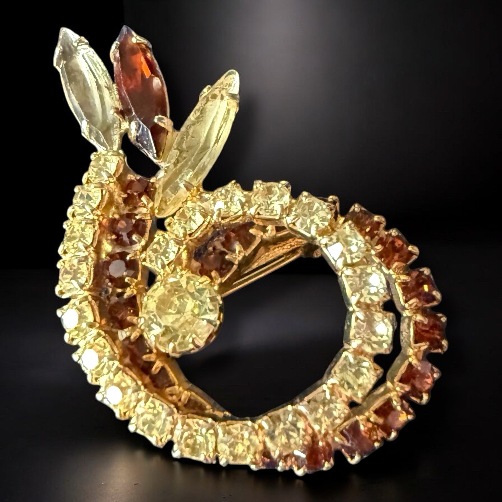 Rhinestone Spiral Brooch Amber Clear Navette Mid Century Modern Vintage Pin