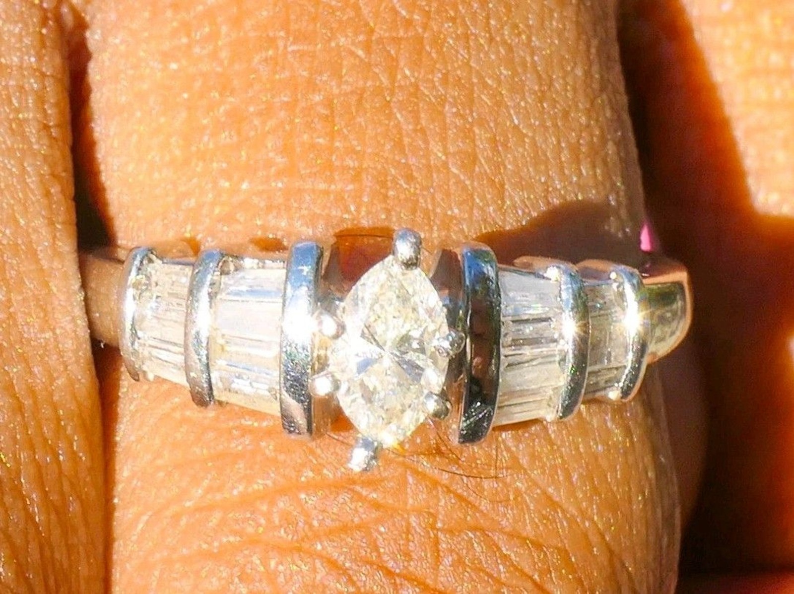 14K White Gold .69ct Marquise & Baguette Natural Diamond Ring Size 6 5g Vintage