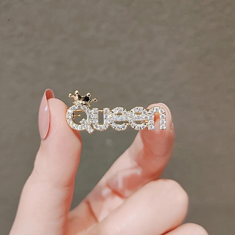 Sparkle QUEEN Brooch Pin Rhinestones Women Party Gift Golden Tone Clothing Acce