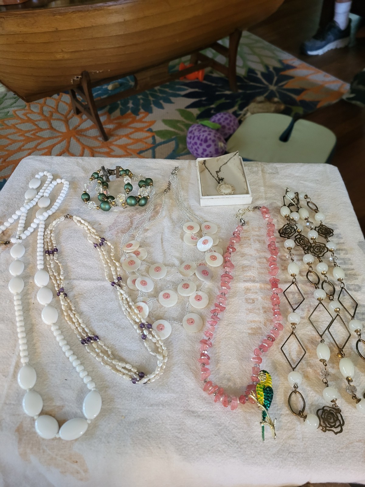 vintage lot beach jewelry mother pearl and antique milk glass from island